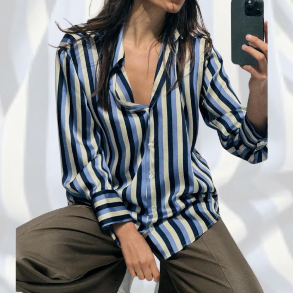 Zara Blue and White Striped Button Down Shirt